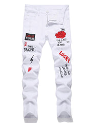 Boys Ripped Floral & Letter Print Jeans Skinny Slim Fit Denim Pants