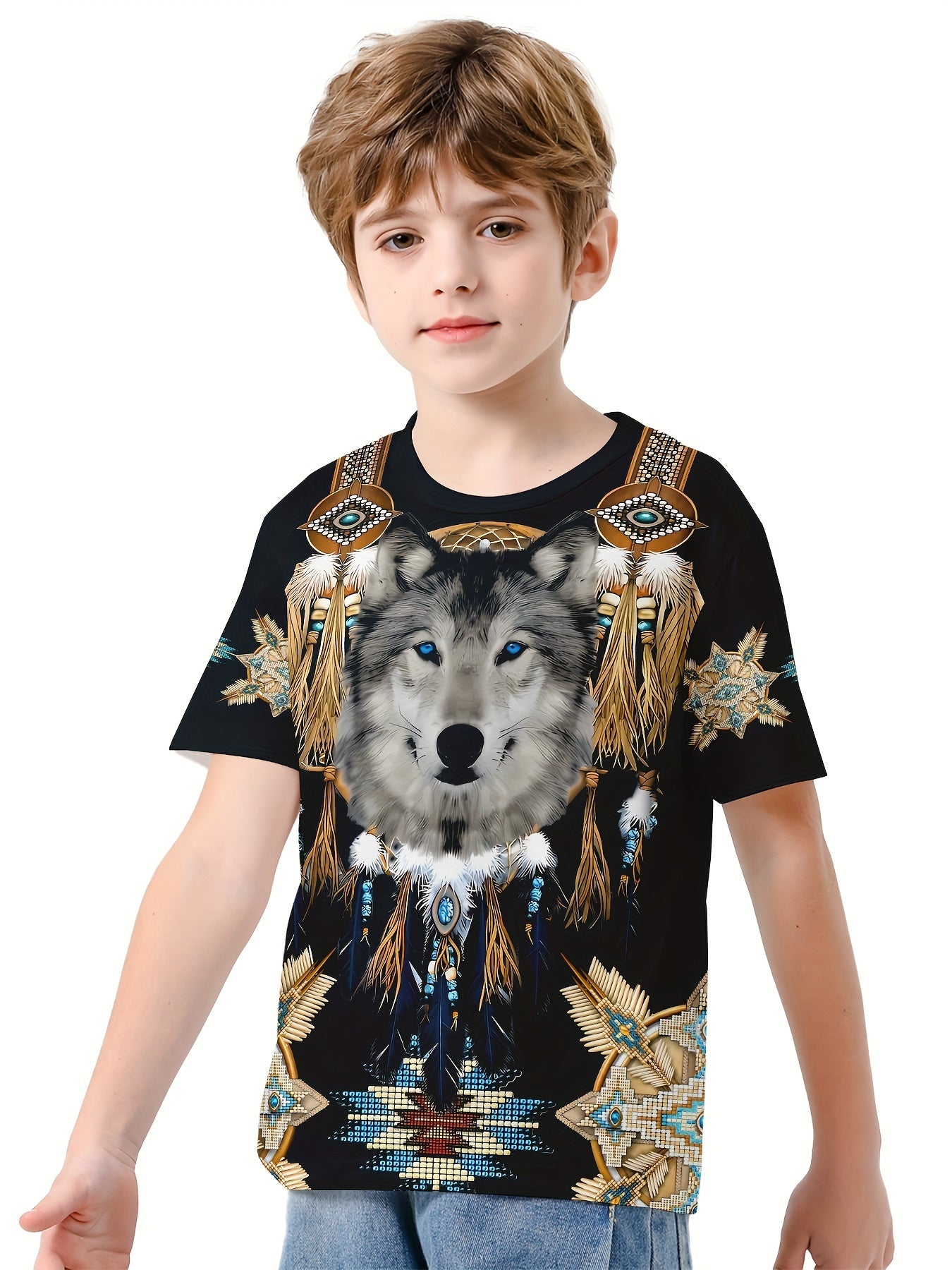 Wolf 3D Print Boy's Tee Short Sleeve Crew Neck Comfy T-shirt Kids Summer Sports