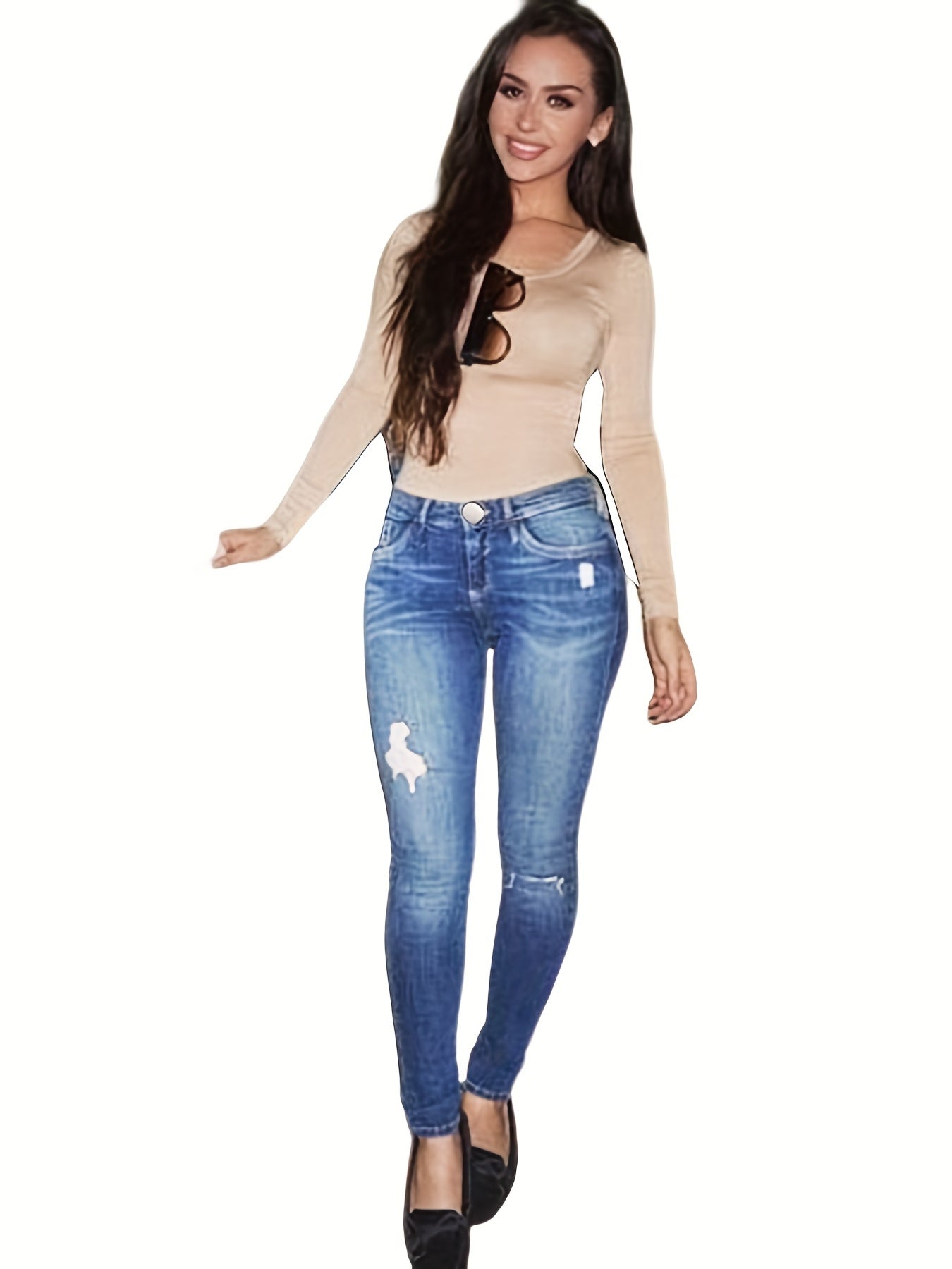 Ripped Whiskering Skinny Jeans Washed Medium Stretch Denim Pants