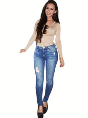 Ripped Whiskering Skinny Jeans Washed Medium Stretch Denim Pants