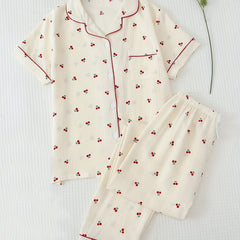 Cherry Print Pajama Set Short Sleeve Button Up Top & Pants Women's Sleepwear