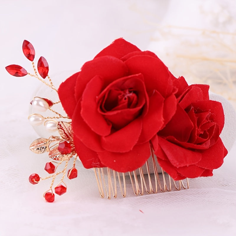 Bridal Rose Flower Hair Comb Rhinestone Hair Pin