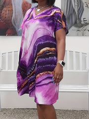 Women's Plus Marble Print V Neck Dress With Pockets