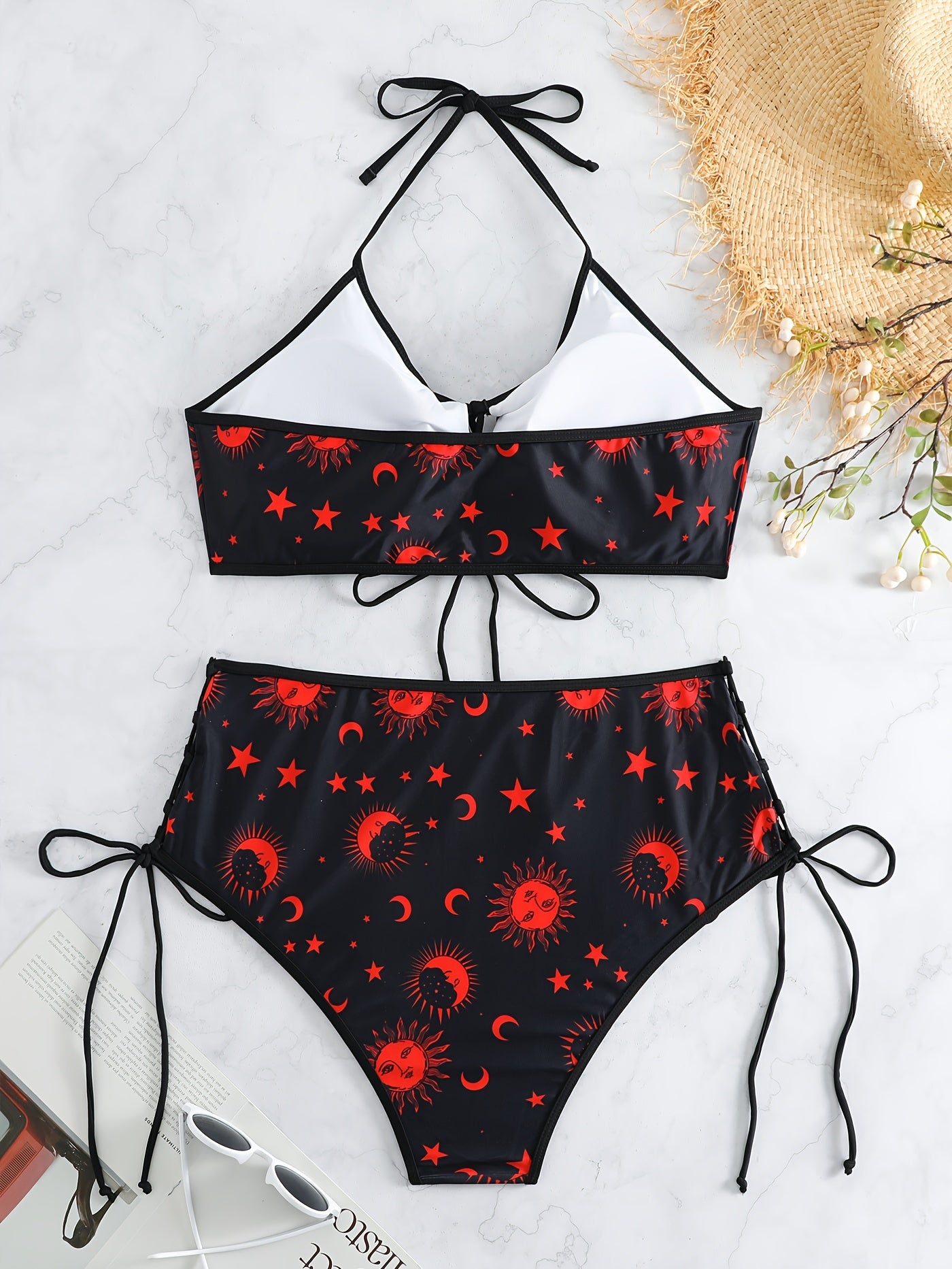 Gothic Bikini Set Sun & Moon Print Lace Up Halter Bra & Panty Swimsuit