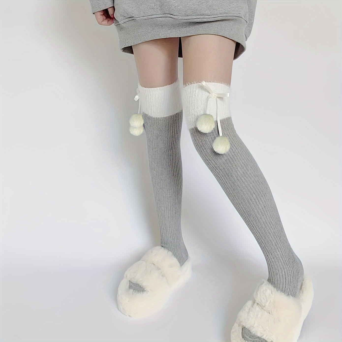 Colorblock Thigh High Pompom Socks Women's Stockings