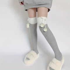Colorblock Thigh High Pompom Socks Women's Stockings