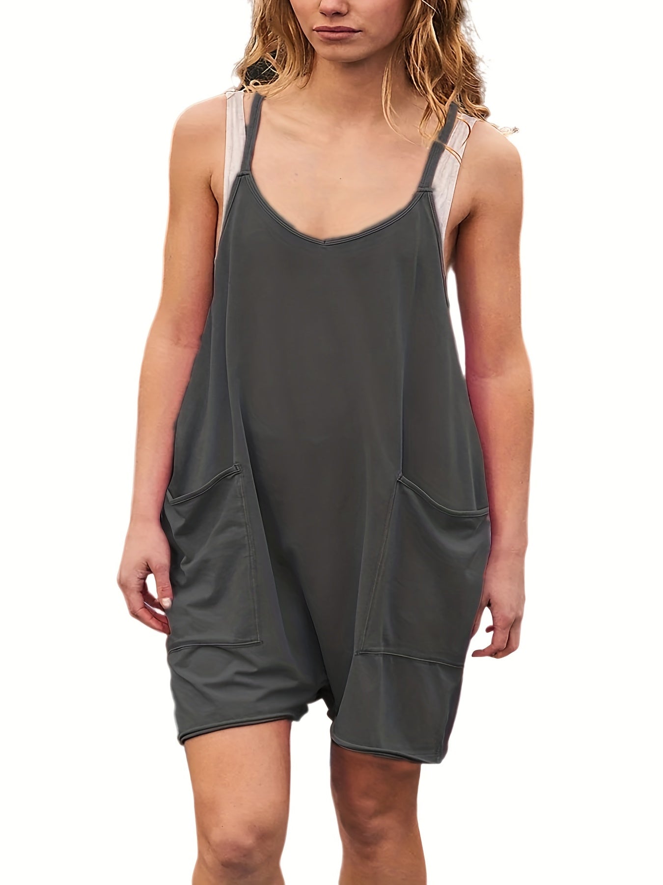 Solid V Neck Cami Romper With Pockets