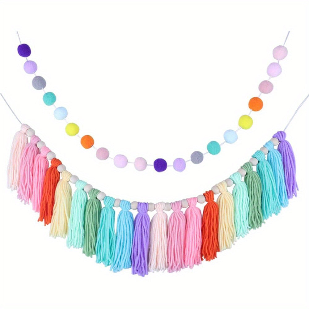 Bohemian Fringe Wreath Wood Bead Wall Hanging Pomm Pomm Ball Decorated
