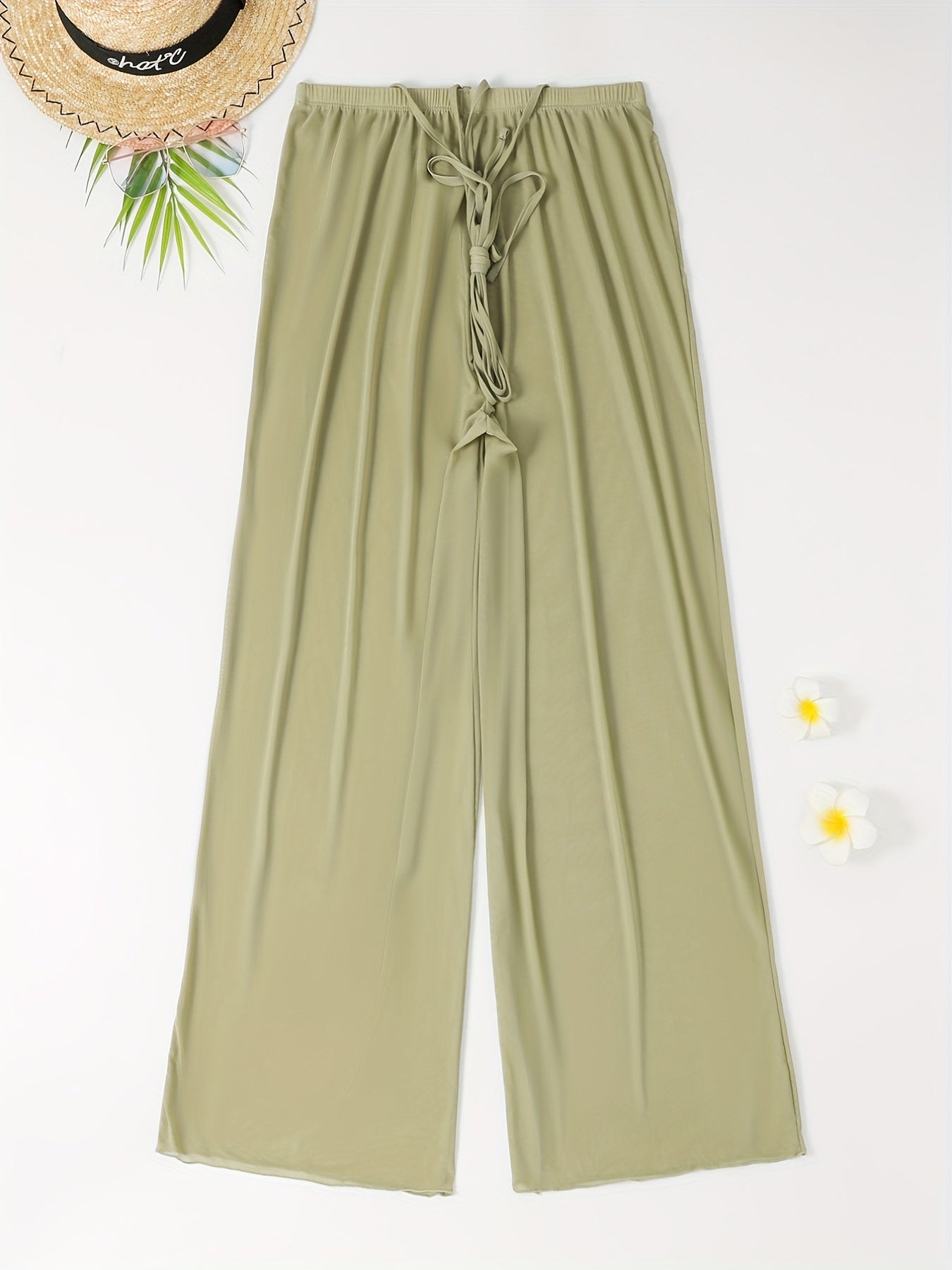 Mesh Cover Up Pants Tie Shoulders Elastic Waist Solid Maxi Beach Coverup