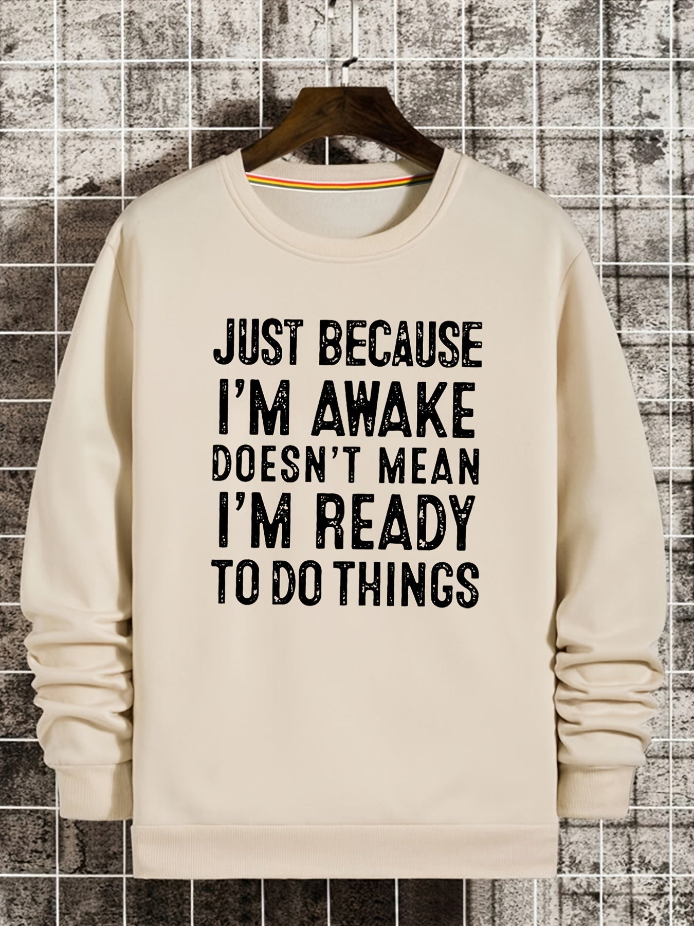 Funny Slogan Print Sweatshirt Men's Casual Graphic Crew Neck Pullover Sweatshirt