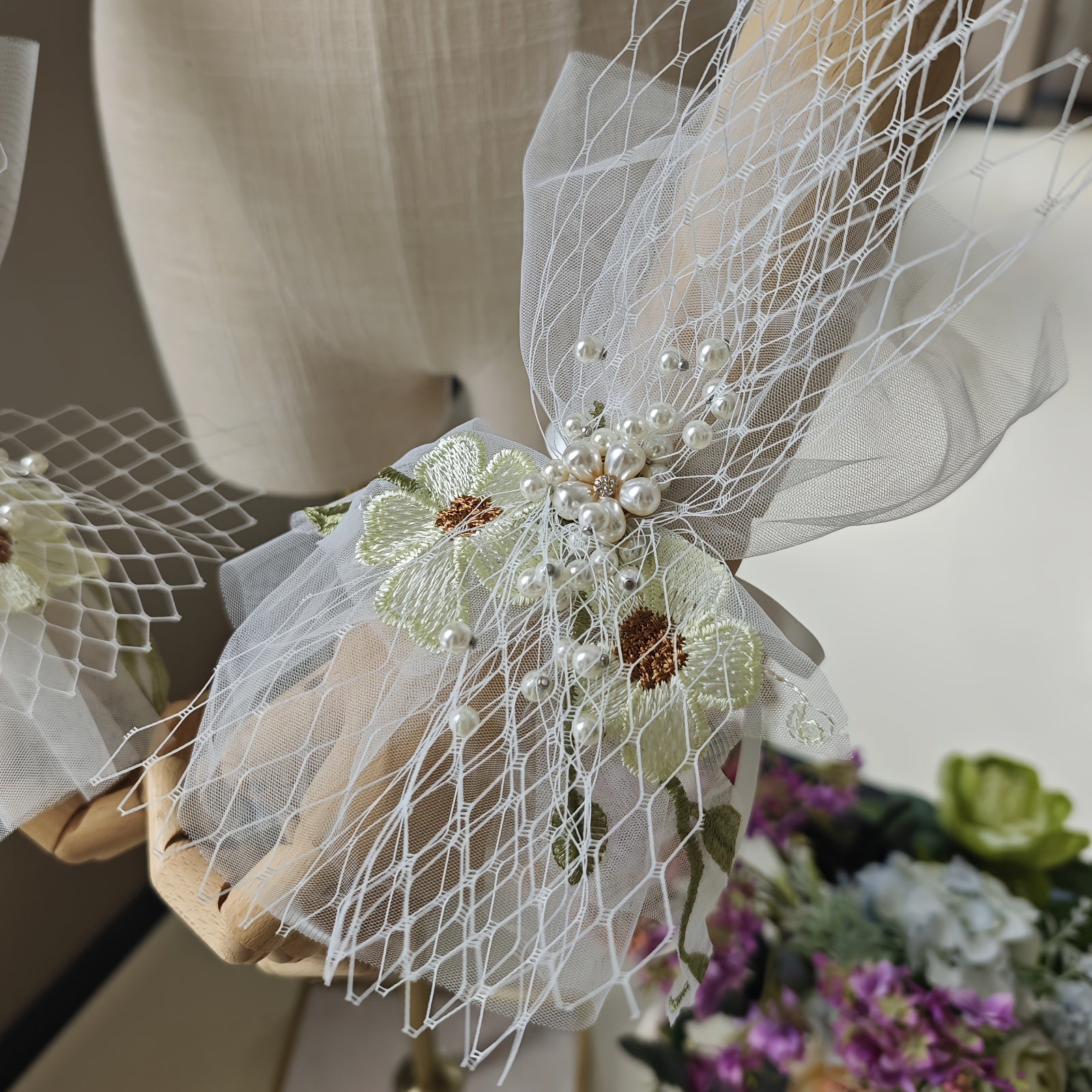 Floral Mesh Bridal Sleeve Covers with Wrist Corsage