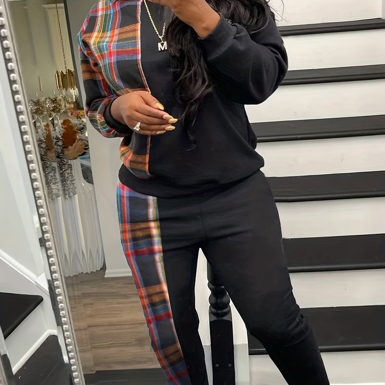 Women's Plus Colorblock Plaid Print Sweatshirt & SweatPants Set