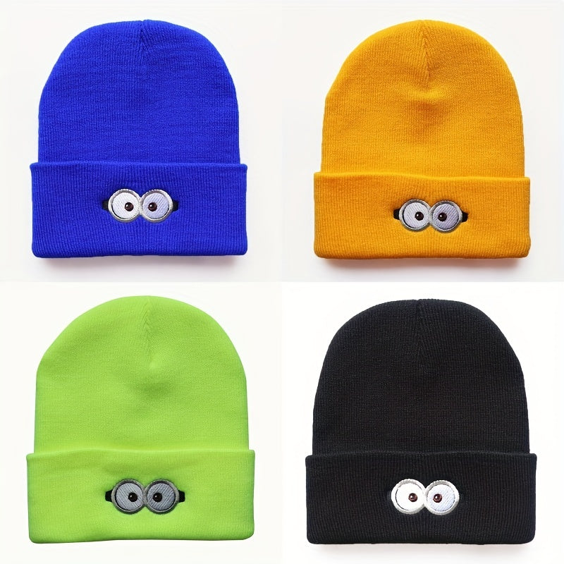Sport Windproof Knit Beanie Hat with Anime Eye Glasses Embroidery