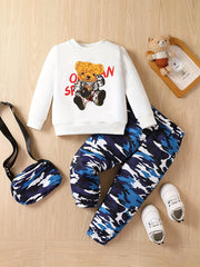 Toddler Boy's Camo 3pcs Sweatshirt Set Astronaut Bear Print T