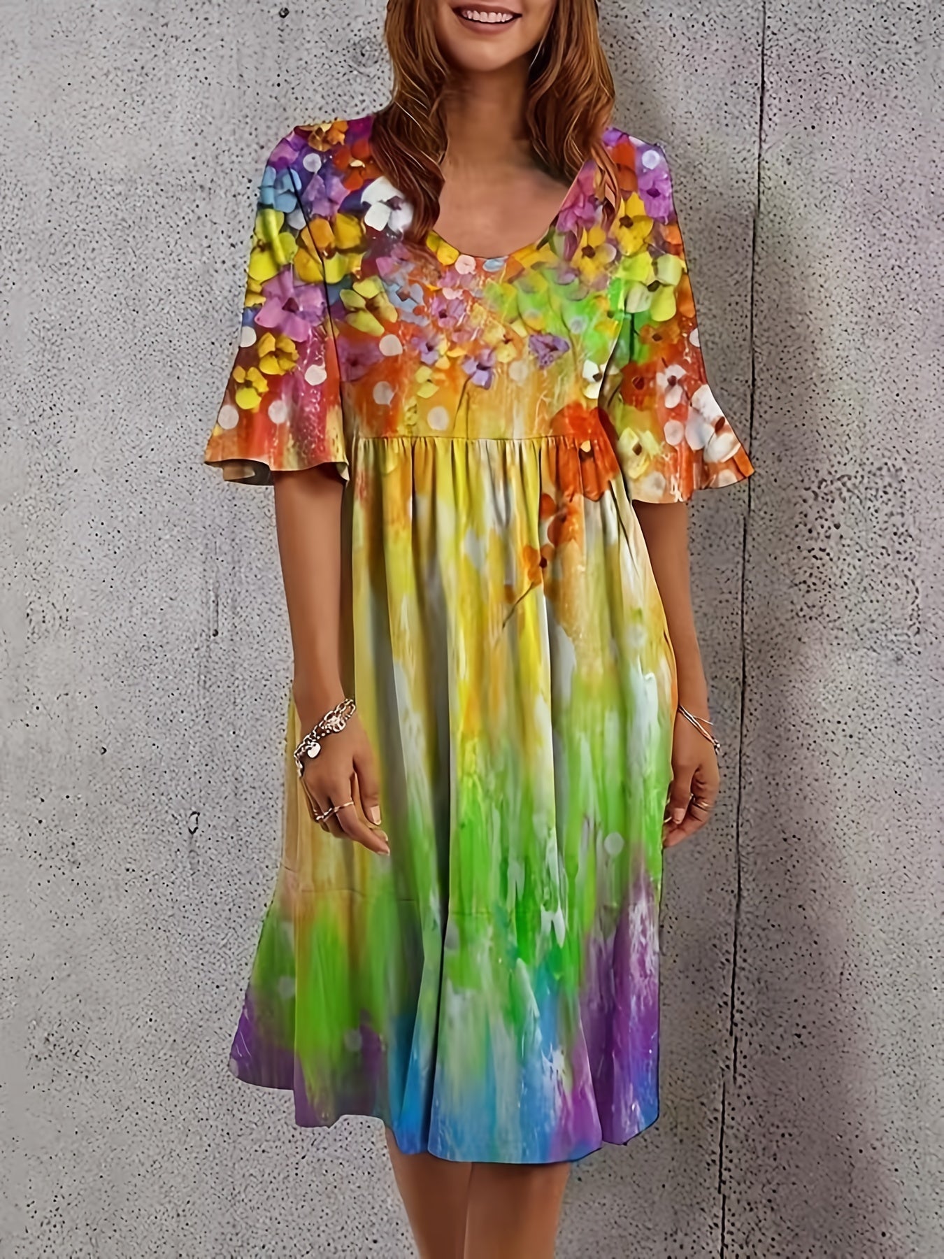 Floral Print Bell Sleeve Plus Size Dress