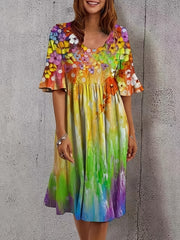 Floral Print Bell Sleeve Plus Size Dress