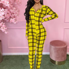 Plaid Skinny V Neck Jumpsuit Casual Long Sleeve Stretchy Jumpsuit