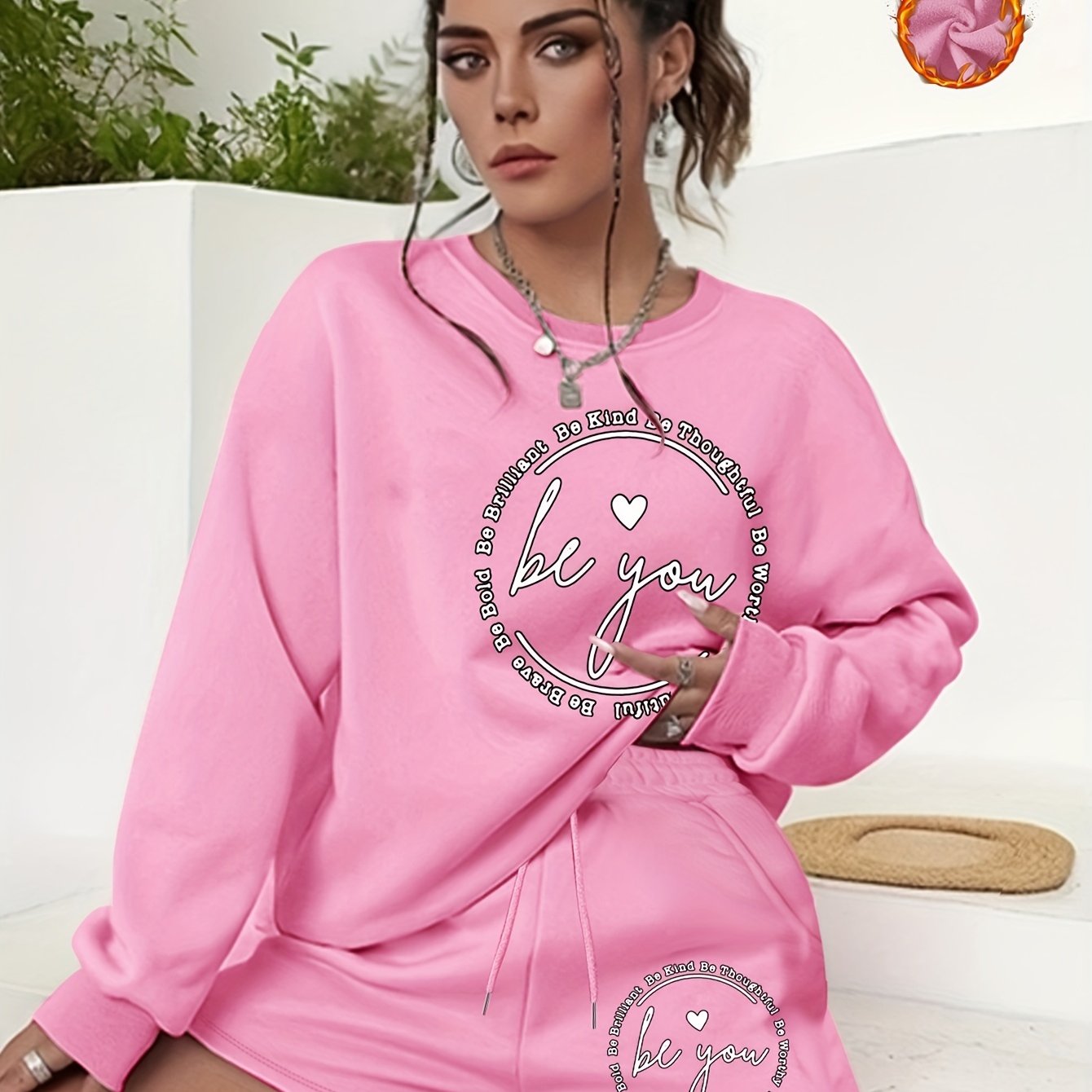 Slogan & Heart Print Sweatshirt & Shorts Set