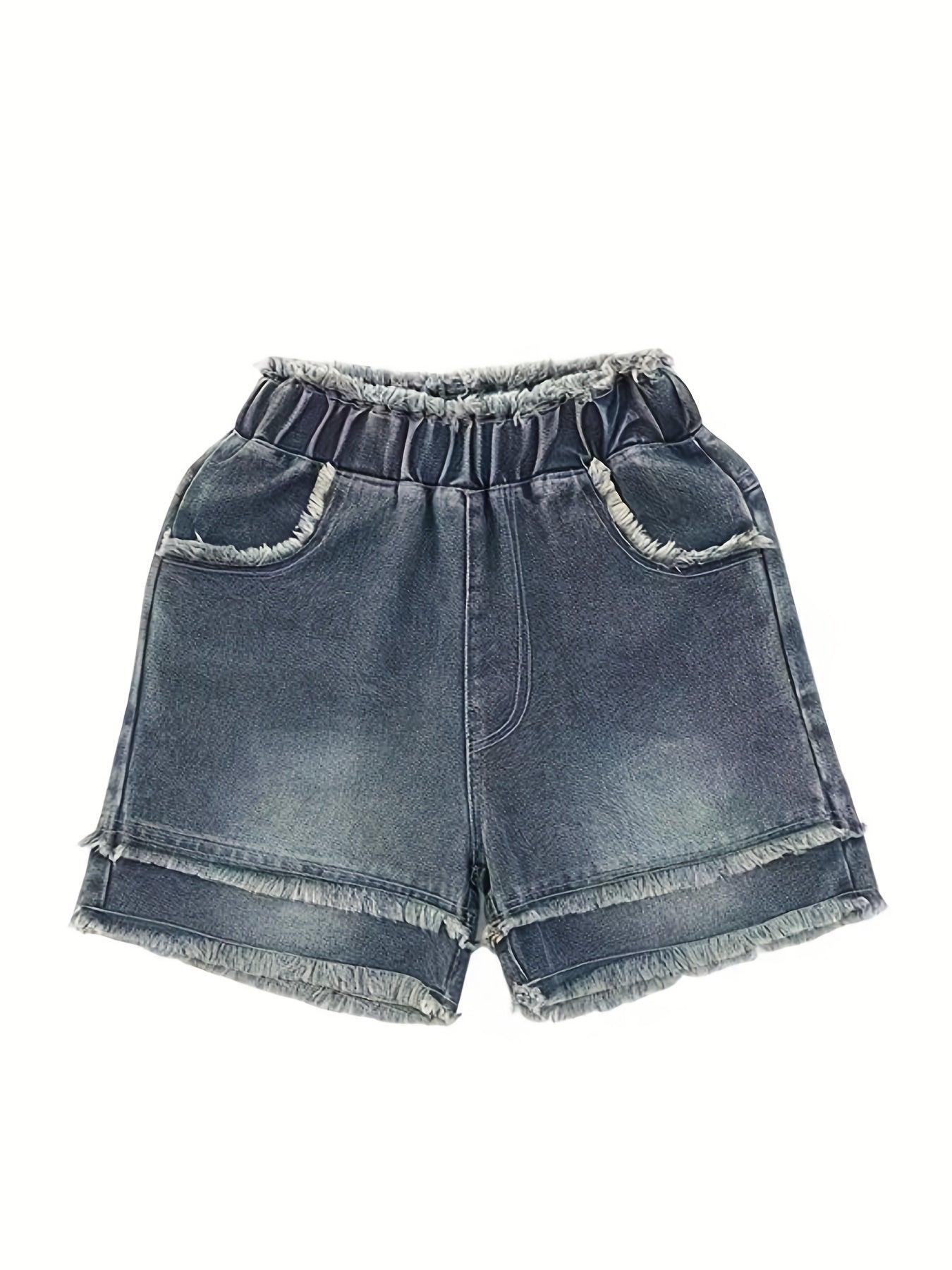 Vintage Denim Shorts with Raw Trims, Elastic Waist, Summer Kids Outfit