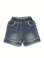 Vintage Denim Shorts with Raw Trims, Elastic Waist, Summer Kids Outfit
