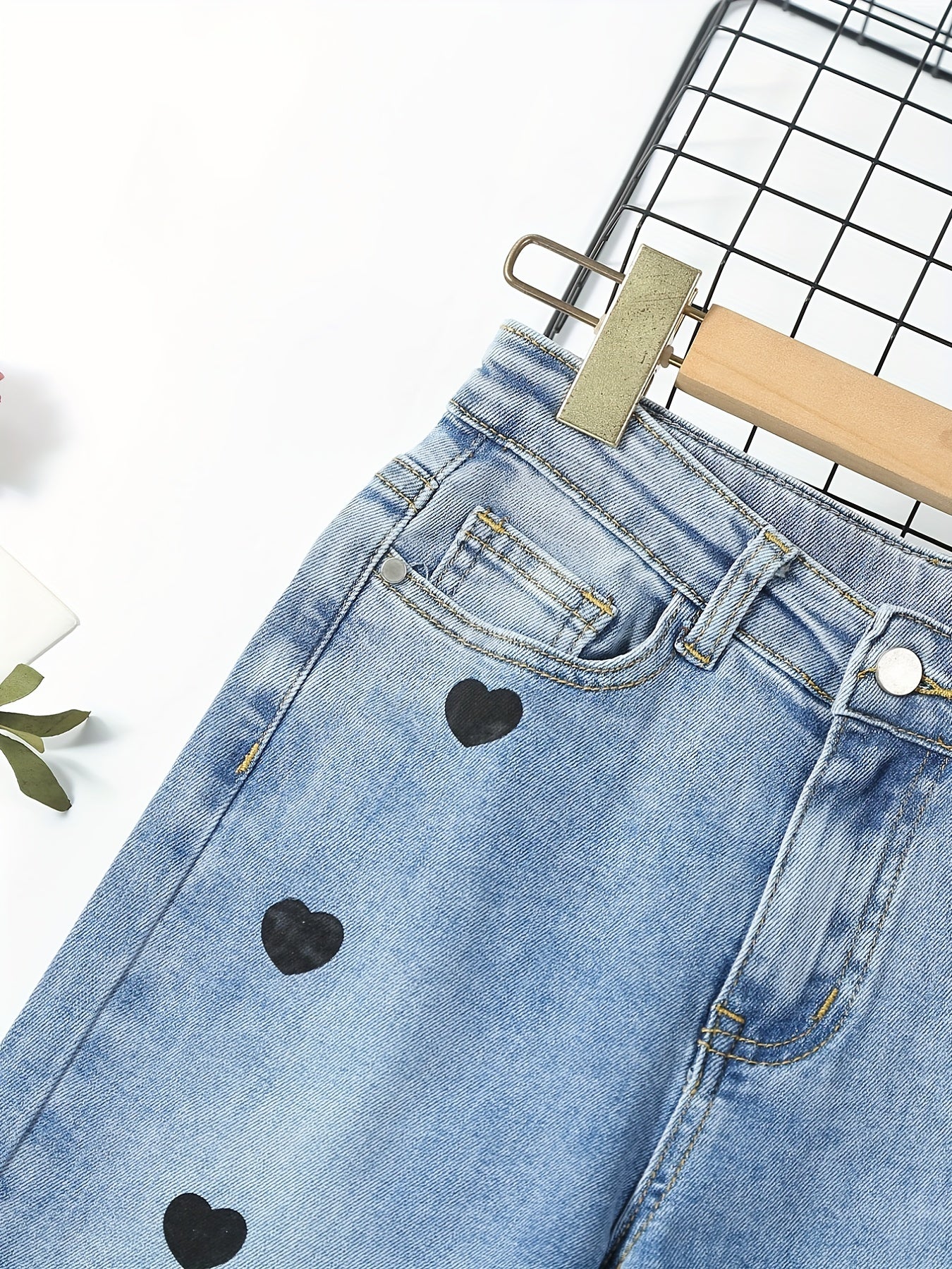 Girls Heart Print Stretch Jean Denim Pants with Pocket