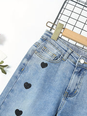 Girls Heart Print Stretch Jean Denim Pants with Pocket