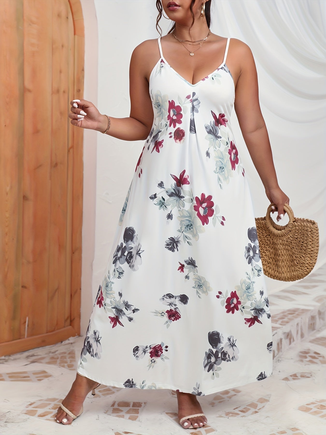 Women's Plus Floral Print V Neck Slight Stretch Cami Maxi Dress
