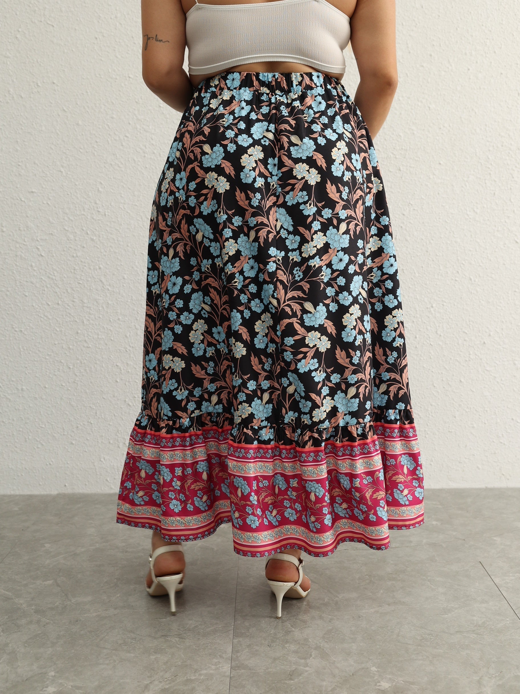 Boho Skirt Women's Plus Floral Print Ruffle Trim Elastic High Rise