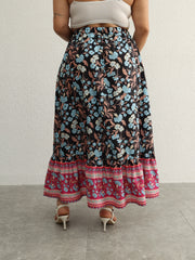 Boho Skirt Women's Plus Floral Print Ruffle Trim Elastic High Rise