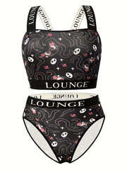 Gothic Halloween Underwear Set Octopus Skull Print Bra