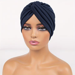 Cross Knot Pleated Turban Cap Solid Head Wrap Elastic Head Scarf