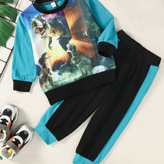 Boys Dino Pattern Pullover & Jogger Set for Fall Winter