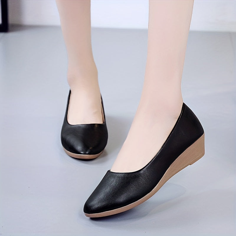 Women's Pointed Toe Wedge Shoes Soft Sole Slip On Faux Leather Shoes