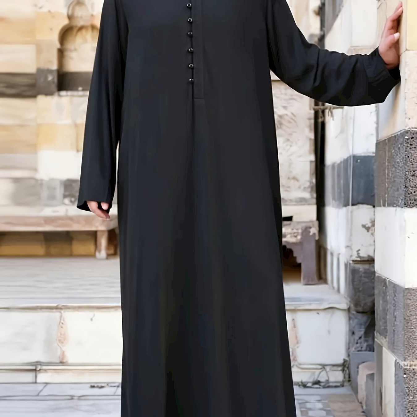 Islamic Arabic Kaftan Men Long Sleeve Solid Band Collar Muslim Clothes Vintage
