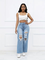 Distressed High Waist Straight Jeans Wide Leg Denim Pants