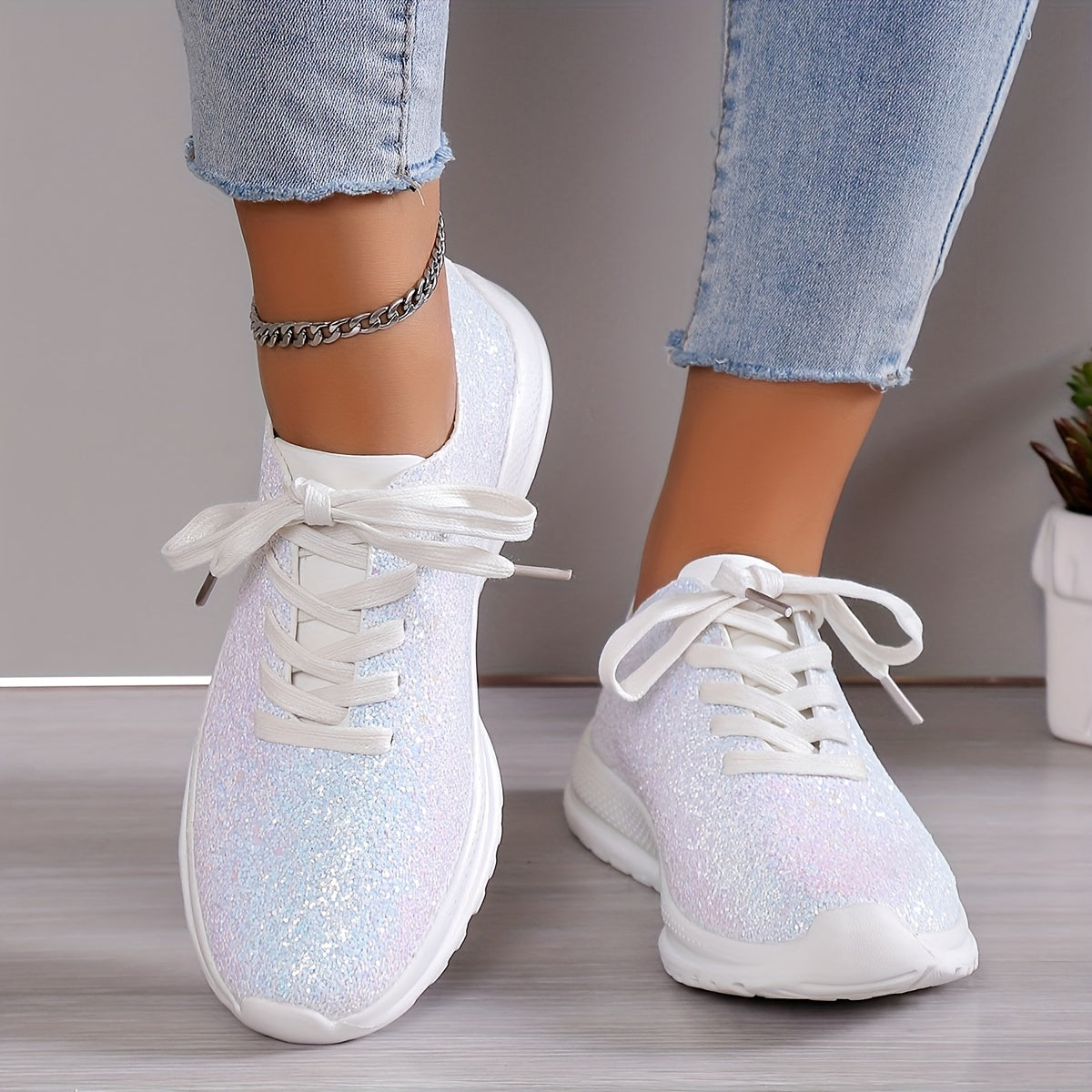 Women's Glitter Sequins Sneakers Lace Up Outdoor Shoes