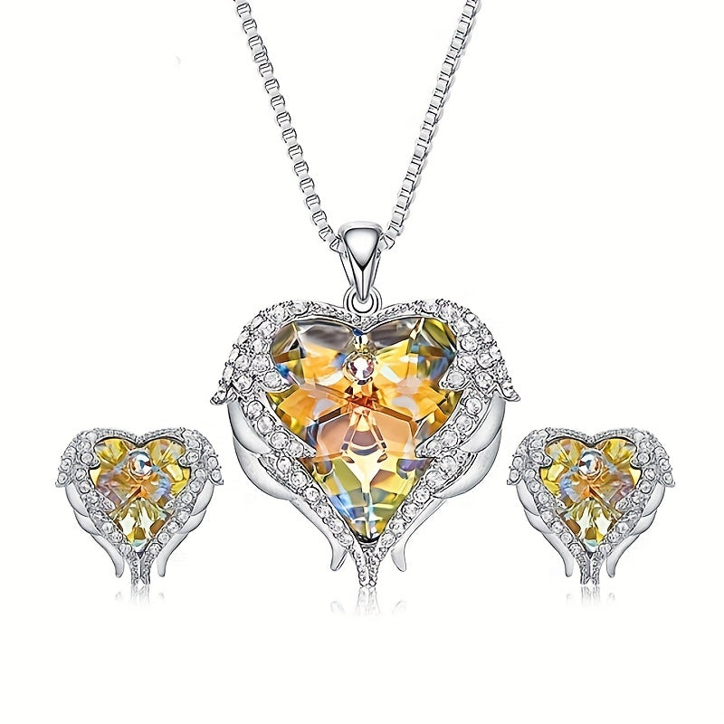 Heart Pendant Necklace & Earrings Set Wing Detail Rhinestone Decor