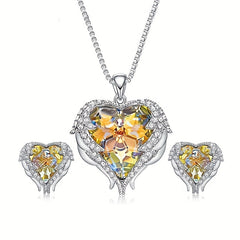 Heart Pendant Necklace & Earrings Set Wing Detail Rhinestone Decor