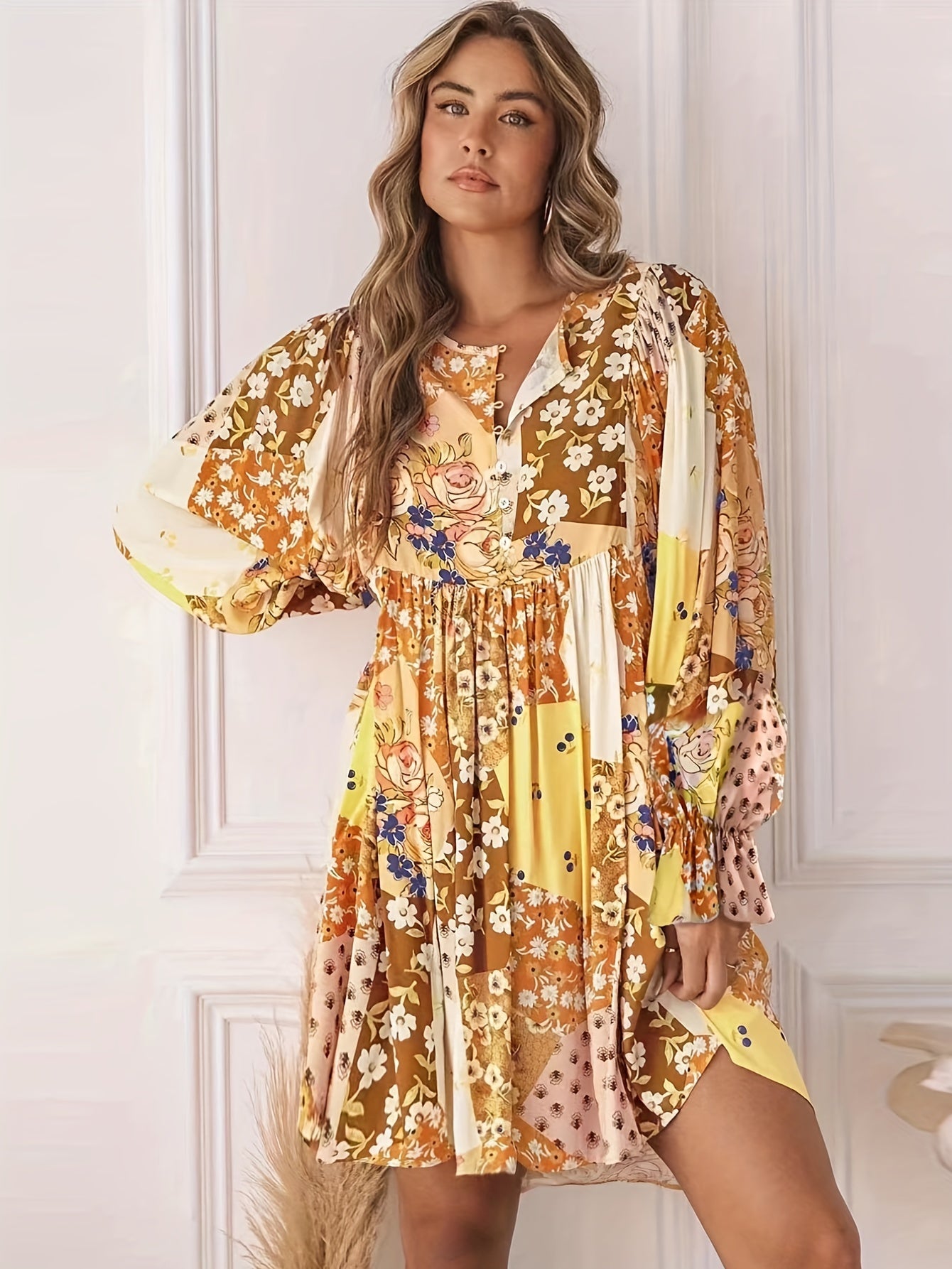 Plus Patchwork Print Bell Sleeve Button Up Round Neck Pleated Dress