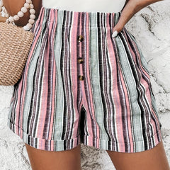 Striped Elastic Waist Shorts Boho Button Summer Women's Clothing