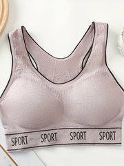 Casual Sports Bra Women's Plus Letter Tape Solid Round Neck