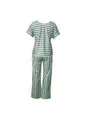Striped Print Two piece Set Casual Short Sleeve T shirt & Wide Leg Pants