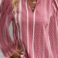 Stripe & Dot Print Flounce Sleeve Ruffle Trim Blouse