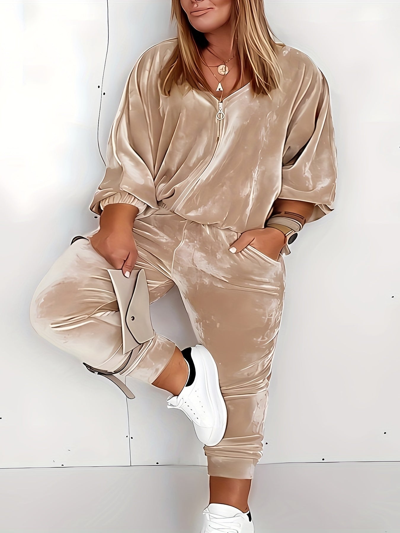 Long Sleeve Velvet Coat & Pocketed Pants Two Piece Set