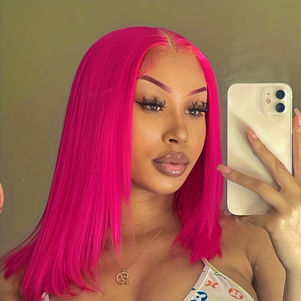 Hot Pink Short Straight Bob Wigs 13x4 Lace Front Human Hair Wigs