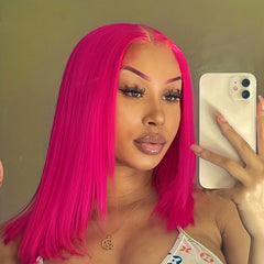 Hot Pink Short Straight Bob Wigs 13x4 Lace Front Human Hair Wigs