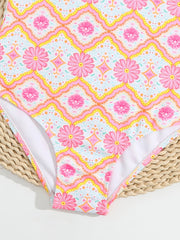 Geometric Floral Print Ruffle Girls Swimsuit Halter Neck