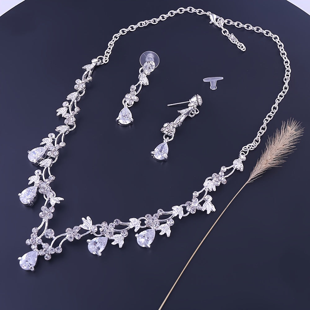 Bridal Jewelry Set Silvery Plated Rhinestone Crystal Pearl Necklace Earrings