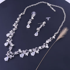 Bridal Jewelry Set Silvery Plated Rhinestone Crystal Pearl Necklace Earrings
