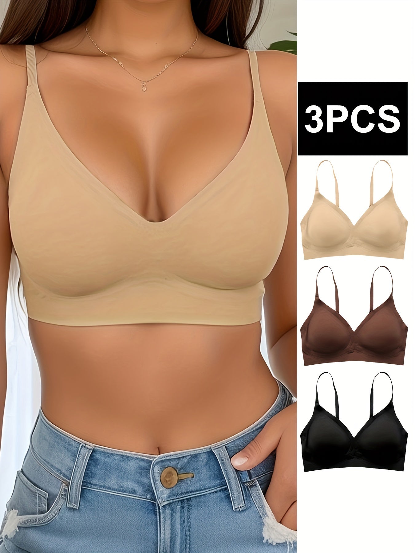 3pcs Seamless Wireless Push Up Bra Comfy & Breathable Lingerie